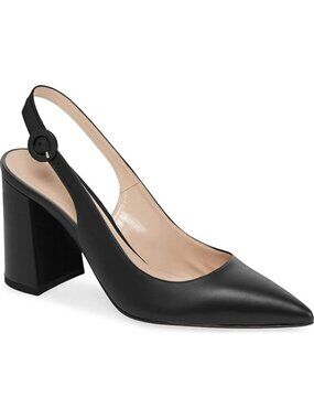 Women's Black Slingback Chunky Heel Slip On Pointed Toe Block Dress Shoes
